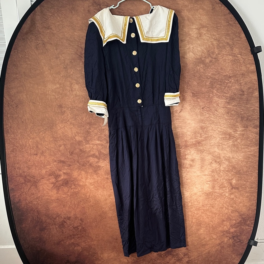 Sarah Elizabeth Navy and Gold Long Sleeve Dress Nautical Style Vtg